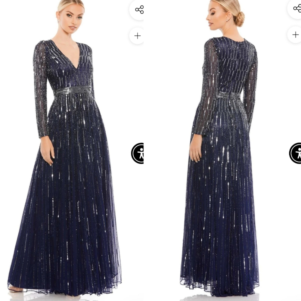 Mac Duggal | Navy Sequined Illusion Long Sleeve Gown NWT